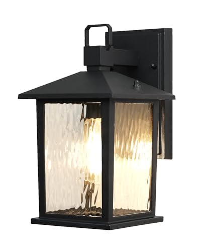 ZILLSEA 1-Pack Outdoor Porch Light, Matte Black Outdoor Wall Sconce with Water Ripple Glass, Rustproof and Waterproof, Exterior Lantern for House, Patio, Garage, 12