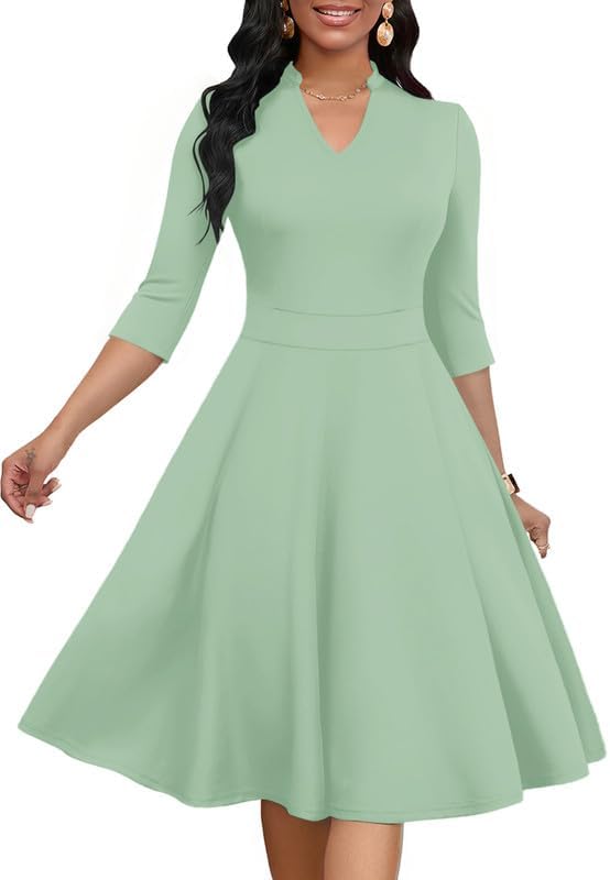 MarryUP Church Dress for Women V Neck 3/4 Sleeve Midi Causal Cocktail Party A-Line Dresses with Pockets
