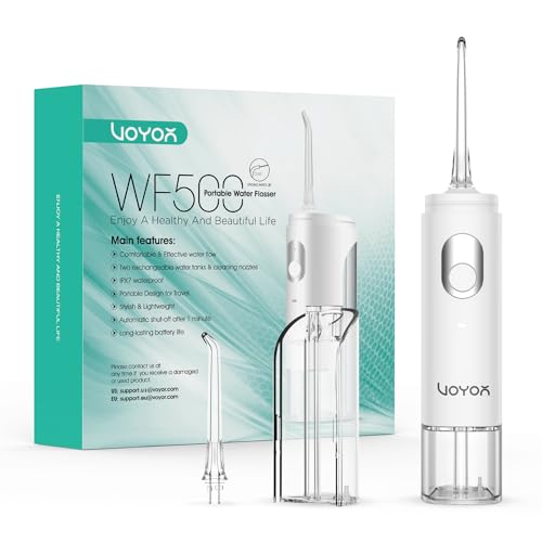 VOYOR Irrigador Bucal Portátil Mini Inalámbrico, recargable y removedor de placa impermeable IPX7 para dientes con 2 tanques desmontables para uso en viajes y en el hogar WF500