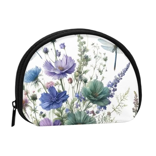 Portable Coin Purse Watercolor-Flower-Dragonflies Mini Zippered Money Pouch Card Holder