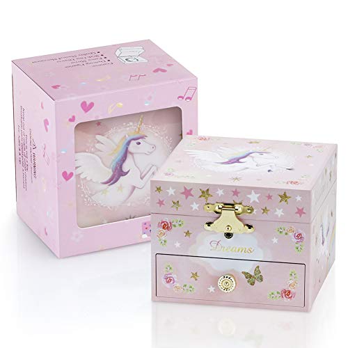 Rr Round Rich Design Kids Musical Jewelry Box For Girls With Drawer And Jewelry Set With Mysterious Unicorn - Over The Waves Tune Pink #TOP5
