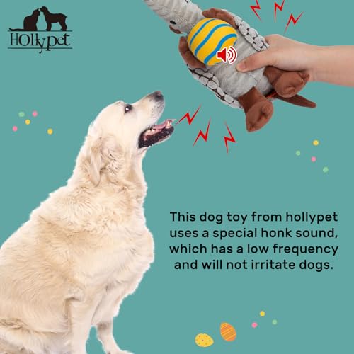 Image of Hollypet Plush Dog Squeaky Toy Stuffed Armadillo Animal Pet Puppy Chew Toys with Clean Teeth for Small Medium Large All Breed Sizes Dogs, Gray, 8 in, Yellow Egg with Blue Stripes