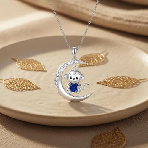 Image of PROESS Animal Birthstone Necklace 925 Sterling Silver Otter /Axolotl /Hippo /Elephant /Dachshund /Monkey /Red Panda Pendant Necklace Animal Birthstone Jewelry Gifts for Women