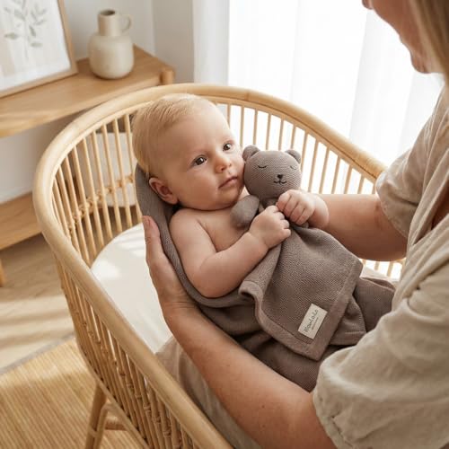 Image of Baby Gift Set - Organic Cotton Newborn Blanket and Lovey Security Blanket Set, Newborn Gifts, Baby Boy Shower Gifts (Lovey - Bear - Milk Chocolate)