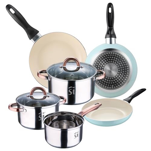 Bateria 5pc acero inoxidable Ø16Ø18Ø20 con 2 tapas de vidrio, y Set 3 sartenes Ø16/20/24 cm, aluminio prensado, celeste, set apto para inducción