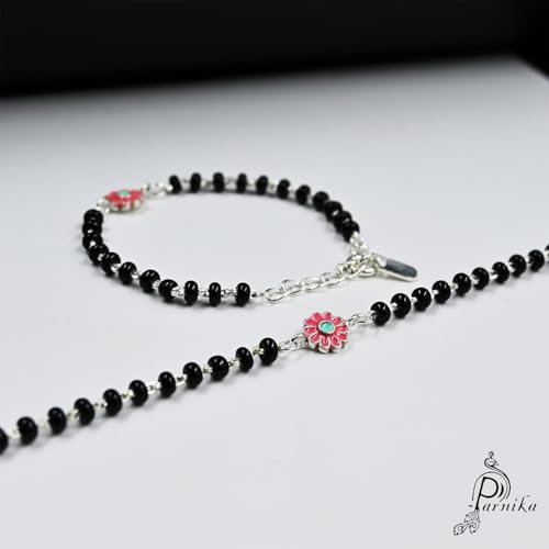 Image of Parnika (Formerly MJ 925 Traditional Silver & Black Crystals Baby Nazariya Kids Silver Bracelet in Pure 92.5 Sterling Silver for Kids - One pair