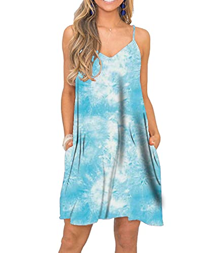 Image of Women's Summer Spaghetti Strap Casual Swing Tank Beach Cover Up Dress with Pockets