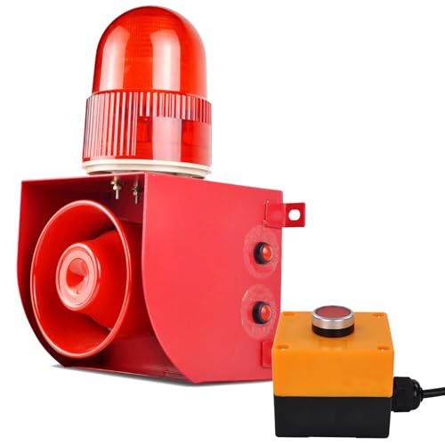 Y DIANS S Alarm Siren with Button Control Box Adjust 120dB Loud Horn 9 Tones 25W One Button Linkage Outdoor Security Siren with LED Strobe Light for School Factory home Farm AC110-120V