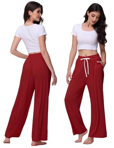 Image of Veseacky Women's Wide Leg Lounge Pants Yoga Pajamas Comfy Stretch Drawstring Pajamas Puls Size Dance Bottoms S-4XL