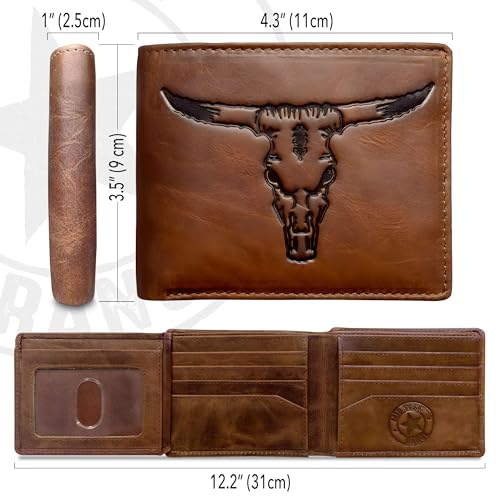 Texas Longhorn Bifold Wallet - Western Wallet for Men -Longhorn Cowboy Wallet - RFID Blocking & 9 Card Slots - Distressed Leather Cowboy Wallet for Men2