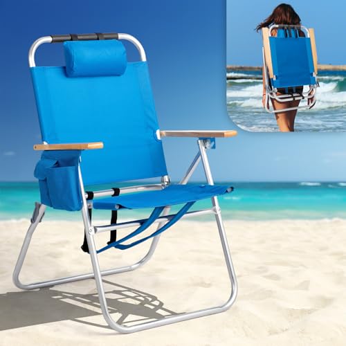 VINGLI 17“ Aluminum Backpack Beach Chair – Tall Beach Chairs for Adults, Portable with Adjustable Straps, 3-Position Reclining, Cup Holder, High Lightweight Beach Chairs (Blue, High)