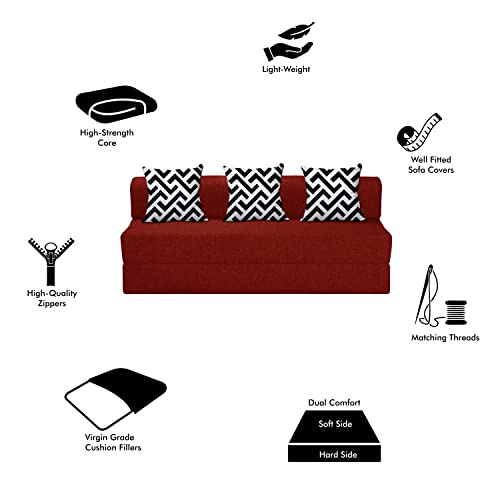 Image of Sofa |3-Seater, 5x6-Feet | Sofa Com Bed /Mattress -Jute Fabric Washable Cover with Cushion - Color Red