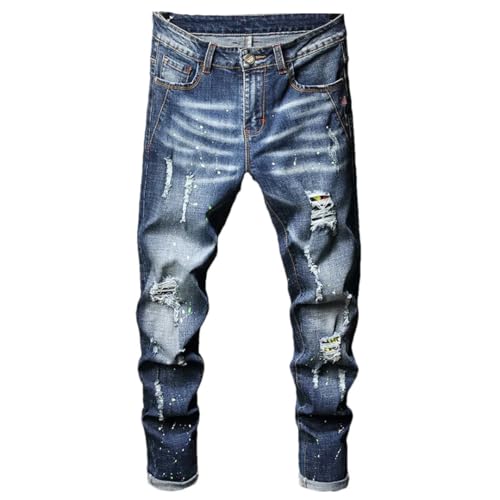 Men's Spots Ripped Jeans Splicing Stretch Slim Punk Denim Streetwear Trousers