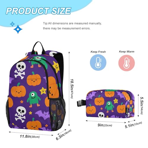 KLL Orange Evil Halloween Pumpkin Bat Backpack With Lunchbox For Boys (scenario) Boys Backpacks And Lunch Box age 8-10 years old2