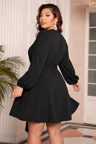 Image of RED DOT BOUTIQUE 836 - Chiffon Long Sleeves Wrapped V Neck Long Waist Ties Club Solid Black Dress Plus Size
