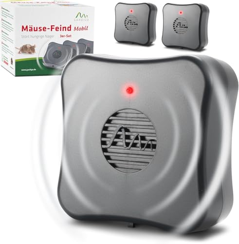 Gardigo® Repellente per Topi Mobile - 3 Pezzi | Ultrasuoni Contro Topi e Ratti | Dissuasore Antitopi a Batterie | Area di Azione Fino a ca. 40m² | per Garage, Casa, Stalla, Soffitta