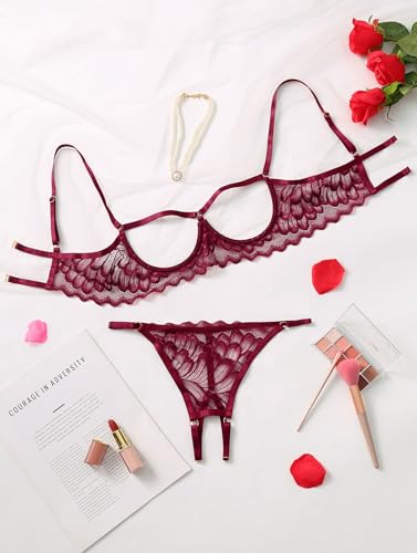 Lilosy Sexy Underwire Floral Lace Sheer Lingerie Set for Women See Through Bra and Panty 2 Piece