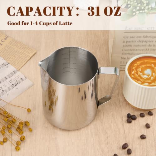 Image of Amrules Milk Frothing Pitcher 31oz Frother Cup Barista Tools, Silver
