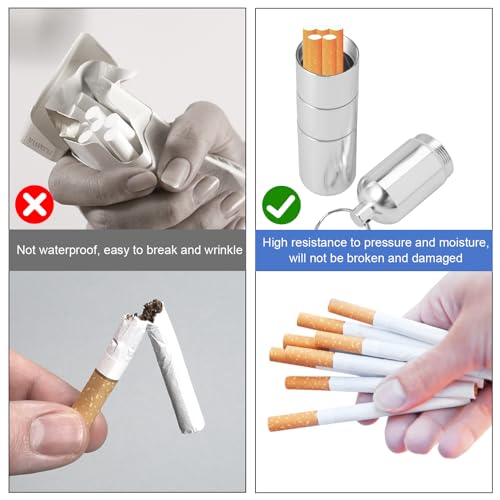 2 Set Sleutelhanger Sigarettenkoker, Waterdichte Ronde Sigaretten, Mini Aluminium Sigarettenkoker voor Mannen Vrouwen, Draagbare Sigarettenkoker voor Reizen Wandelen Kamperen, 12,5×2,5cm, Zilver - Afbeelding 5
