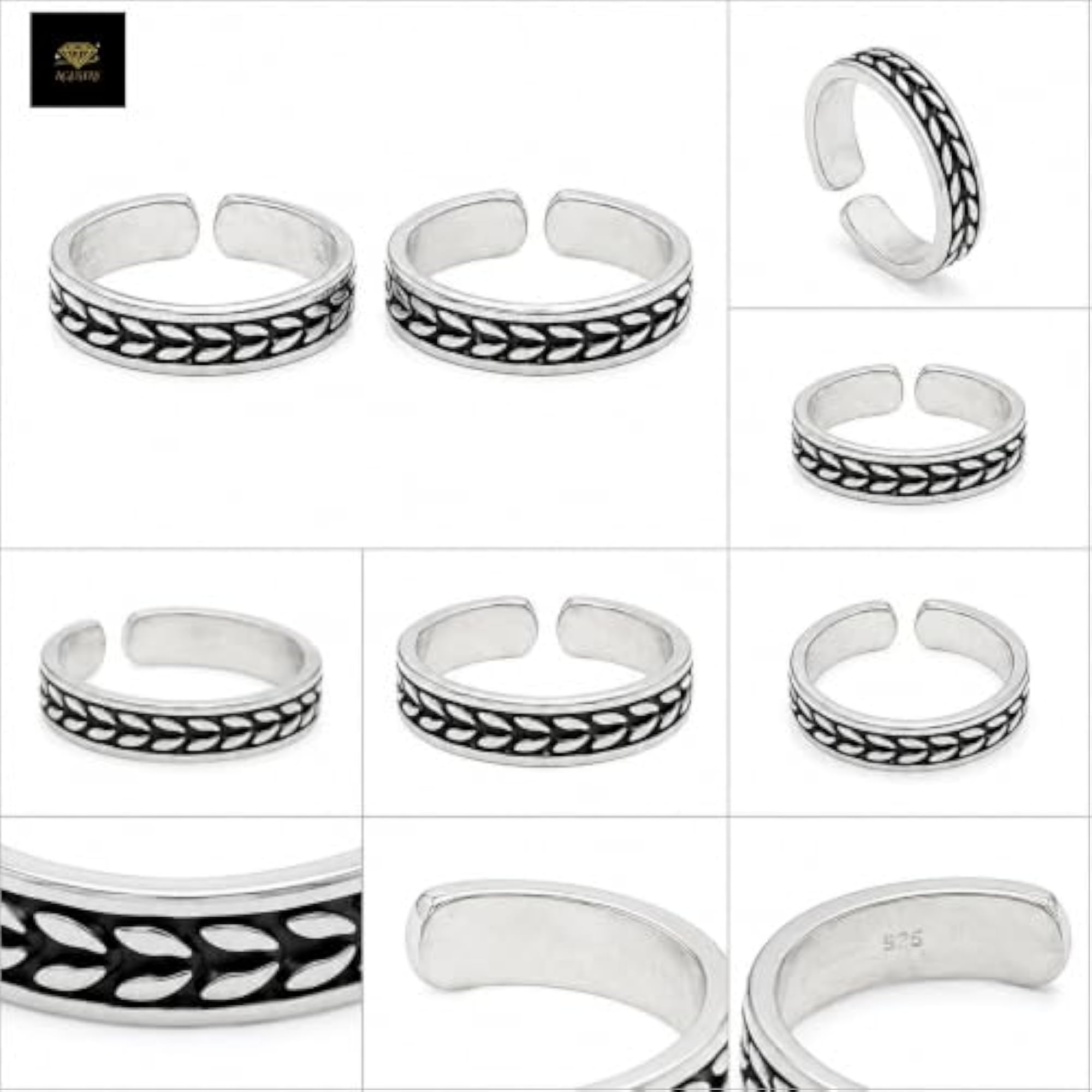 Women's 925 Sterling Silver Oxidized Leaf Engraved Adjustable Toe Ring
