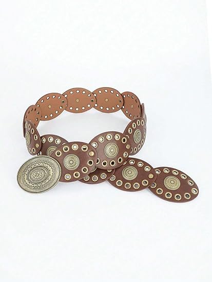 INOGIH Womens Wide Western Cowboy Disc Belt Vintage Cowgirl Concho Leather Belts Boho Style for Jeans Dress Skirt 5