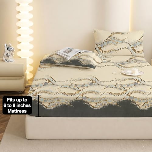 Image of IVAZA Ezyption Cotton Super Soft 240 TC Elastic Fitted All Around Elastic Printed King Size Double Bed Bedsheet with 2 Pillow Cover 72 inch X 78 inch3 Beige Black