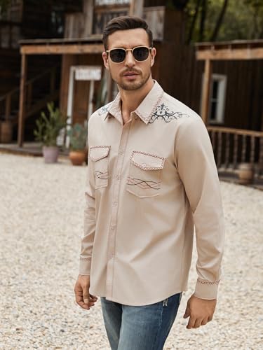 Daupanzees Men's Western Cowboy Shirt Long Sleeve Embroidered Shirt Slim Fit Casual Button Down Shirts with Pockets3
