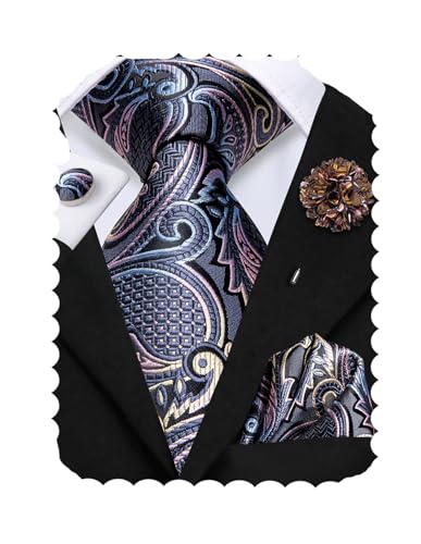Image of Hi-Tie Men's Tie Lapel Pin Set Pocket Square Cufflinks Formal Woven Silk Tie Sets Wedding Party