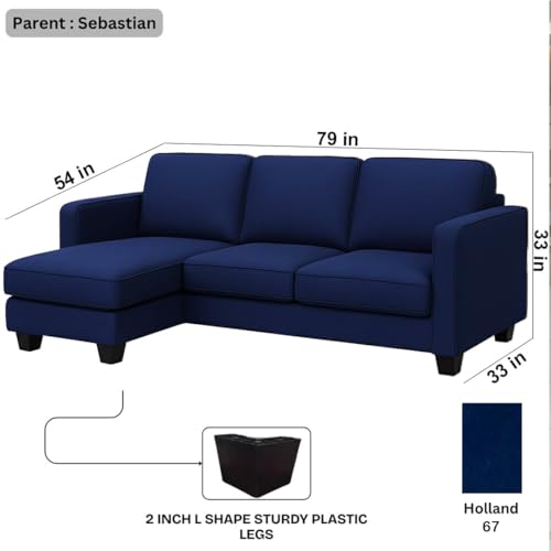 Image of FURNY Arlo 4 Seater Fabric LHS L Shape Sofa Set (Dark Blue) Premium Velvet Finish | Ideal of Living Room