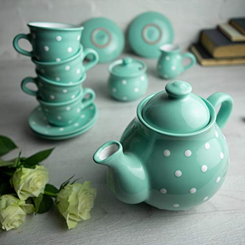 Handmade Teal Blue And White Polka Dot Ceramic Teapot Set, Large 1,7L/60Oz/4-6 Cup Teapot, Milk Jug, Sugar Bowl, Four Cups & Saucers Tea Set Pottery Housewarming For Tea Lovers By City To Cottage® #TOP1