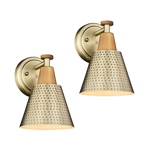 FEMILA Bathroom Light Fixtures 2 Pack, Antique Brass Vanity Light with Hammered Metal Shade, 2-Lights Bath Wall Mounted Lights Wall Lamp for Mirror Kitchen Bedroom, 4FG59B-2 BG