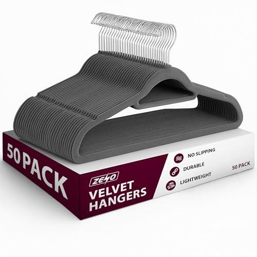 ZENO Velvet Hangers 50 Pack | Coat Hangers Adult | Non Slip Clothes Hangers with Tie Bar 360 Hook | Space Saving Wardrobe Organisers | Durable & Sturdy Velvet Hanger for Adults | Grey