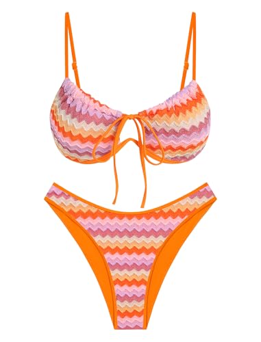 Image of ZAFUL Women High Cut Bikini Sets String Sexy Swimsuit Two Piece Underwire Bathing Suit Brazilian Cheeky Cut Out Cute Swimwear