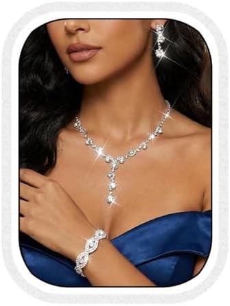 Unicra Silver Wedding Jewelry Sets Bridal Rhinestone Necklace Earrings Bracelet Set Formal Prom Costume Jewelry Set for Women and Brides (A-Silver)
