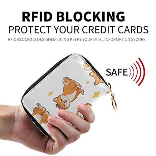 Funny Orange Shiba Inu Dogs in Different Poses on White Grey Credit Card Coin wallet, RFID Blocking Compact Women Leather Card Holder, Key Change Organizer, Zipper Purse Clutch Pouch2