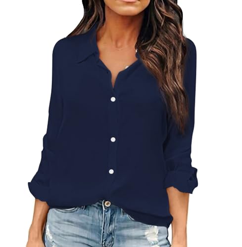 OMSJ Women Button Down Shirts Long Sleeve Chiffon Office V Neck Casual Business Blouses Tops