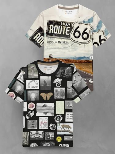 Image of HELLCAT Trendy Front & Back Graphic Printed Cotton Blend Half Sleeve Premium Round Neck Tshirt for Boys - Pack of 2