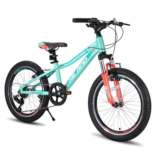 HH HILAND 20 Inch Mountain Bike for Kids Aged 5-12, Lightweight Aluminum Children MTB with Lock-Out Suspension Fork, 7 speeds Gears, Youth Bicycle for Boys Girls Green