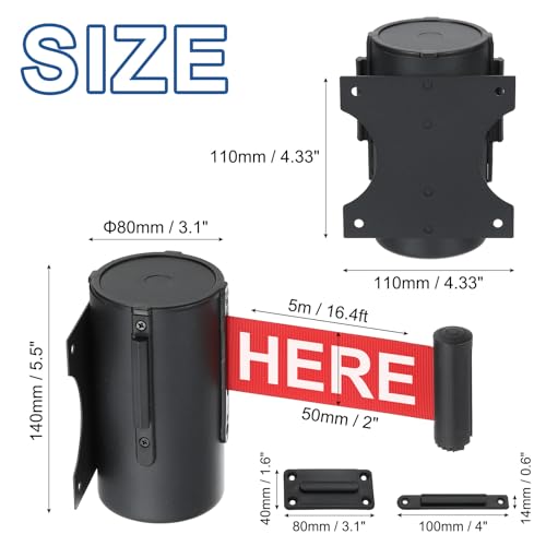 Barrière rétractable murale fixe en acier noir et rouge pour gestion des foules