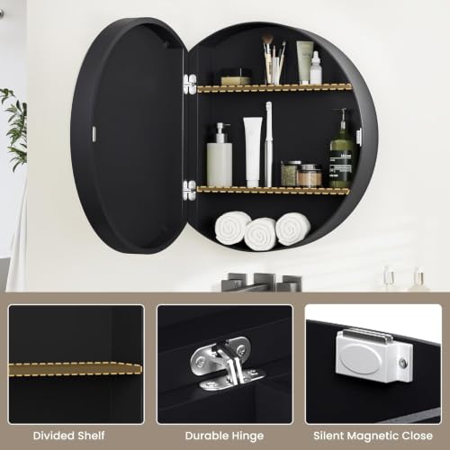 Image of iSTAR 16 Inch Round Wall Mirror with Storage Shelf (Black) | Bathroom Vanity Glass with Hidden Storage Cabinet | Wall Mounted Decorative Reflector for Bathroom, Bedroom, Living Room