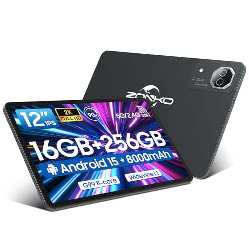 Image of Tablet 12 inch Large Screen, Android 15 Tablet 16GB RAM 256GB ROM, 2K 2000x1200 Incell Widevine L1 Display, Gaming Tablets with Helio G99 Octa-core, 8000mAh 18W Fast Charge Tablets, AI Support, GPS