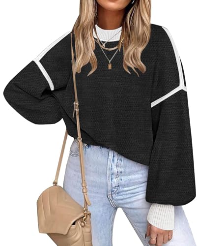 Image of Fall Clothes for Women 2026 Fashion Outfits Knitted Oversized Sweaters | Disamer Womens Sweater Trendy,Color Block Crew Neck Long Sleeve Knitted Pullover Jumper Tops,Striped,Winter Cute Sweaters