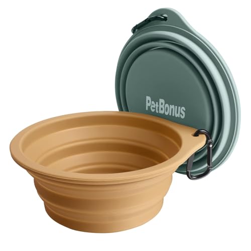 Image of PetBonus 2-Pack Large Silicone Collapsible Dog Bowls, 34oz /1000ml BPA Free Portable Foldable Travel Bowl for Pet Cat, Food Water Feeding Dish for Camping with 2 Carabiners (Turquoise, Tan)