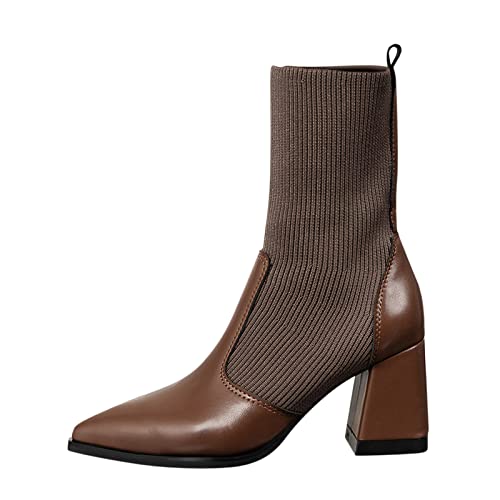 Cocila Botines De Mujer Otoño E Invierno Tacón Grueso Medio Puntiagudo Calcetines Tela Zapatos Color Sólido Estilo Casual Botas Agua Niño Patrulla Canina Altas Negras Negros Piel Cowboy Barefoot