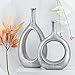 Silver Ceramic Hollow Elliptical Vase Set of 2 - Boho Circle Vase with Hole, for Modern Silver Table Decor, Living Room Decor Shelf mid Century Modern Home Entrance Decorative vase