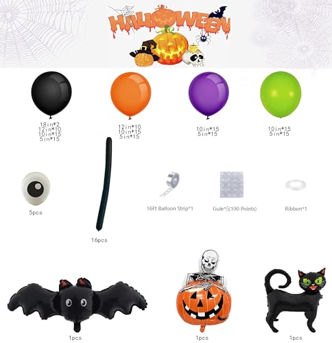 Bonropin 173pcs Halloween Balloon Garland Arch kit with Black Orange Green Purple Balloons Spider Balloons Halloween Foil Balloons for Haloween Theme Party Background Classroom Decorations - image 4