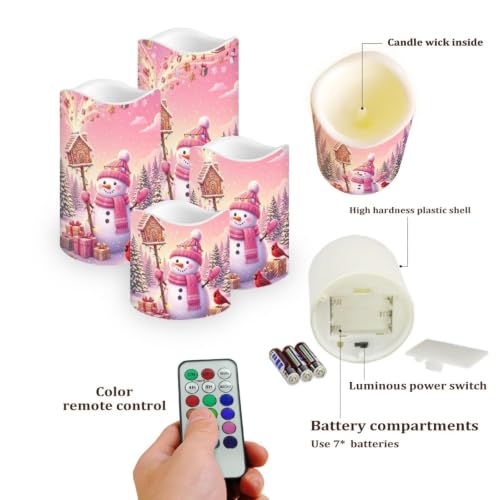 Image of Snowman Cardinal Color Changing Electric Candles, 4 Pack | cozy Christmas Flameless Candle Set with Remote Control, Battery Operated, Fake Candles for Kitchen Room, Home decor