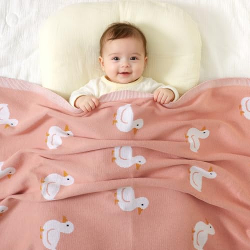 Image of mimixiong Baby Blanket Knit Receiving Boys Girls Blanket Soft Cotton Neutral Blanke for Swaddle Crib Stroller with Cute Sheep (Pink-Duck, 30x40 Inch (Pack of 1))