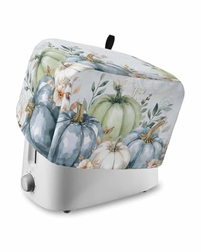 Fall Toaster Cover 2 Slice, Thanksgiving Day White Blue Green Pumpkins Bread Maker Dust Cover with Pockets for Kitchen Small Appliance 12x7.5x8in