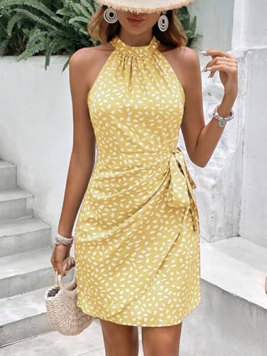Image of LIGHT DOT Women's Summer Dress Dot Print Halter Neck Tie Waist Casual Zipper Back Sundress Vacation Outfits
